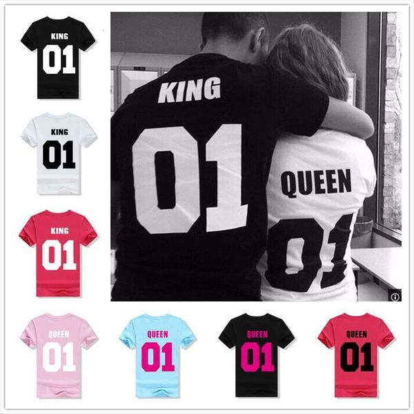

king queen letter print women couple short sleeve o neck loose lovers summer camisetas mujer, White