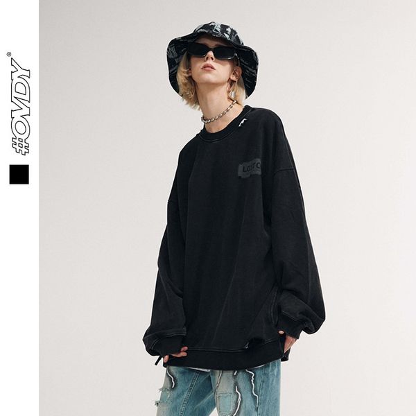 

wxwovdy men's autumn and winter fashion brand hip hop personalized pullover make old terry casual loose round collar men's sweater, Black