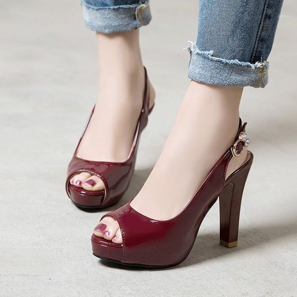 

women super high heel shoes patent leather 2021 spring summer peep toe slingbacks party dress office pumps ladies 34-43, Black