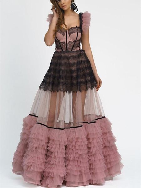 

party dresses pink lace tulle formal prom see thru custom made floor length ruffles pleated women gowns backless lace-up, White;black