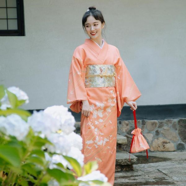 

ethnic clothing summer japan girl dress orange po improved kimono mujer feminino japanese style obi yukata cosplay size s-l loose long, Red