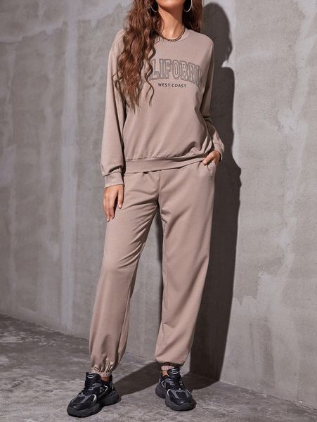 

letter graphic drop shoulder pullover & sweatpants g6kh#, White