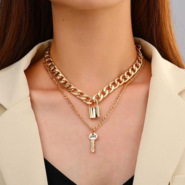 

pendant necklaces 2021 double layer punk gold lock necklace for women cuban chunky thick chain choker coin gothtic jewlery, Silver