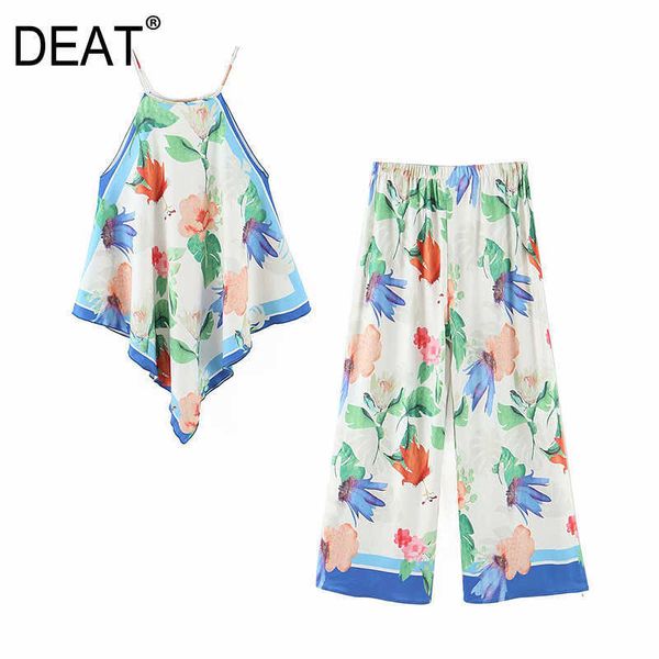 

[deat] women two-piece suit summer fashion sleeveless hanging neck printing high waist wide leg pants 13q591 210527, White