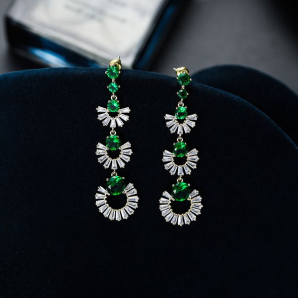 

dangle & chandelier green zircon retro women stud earrings fan-shaped hipster web celebrity flower for banquet party celebration long ear je, Silver