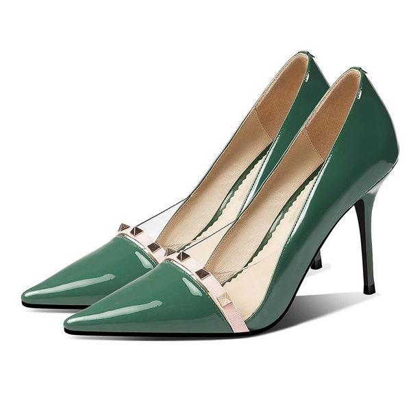 

dress shoes brand fashion patent leather women's high heels pointed toe ladies pumps rivets nude wedding women, Black