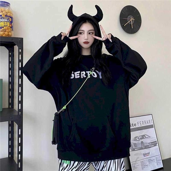

hoodies women female autumn winter korean harajuku bf style japanese comics print loose student hooded plus velvet sweatshirt 210526, Black