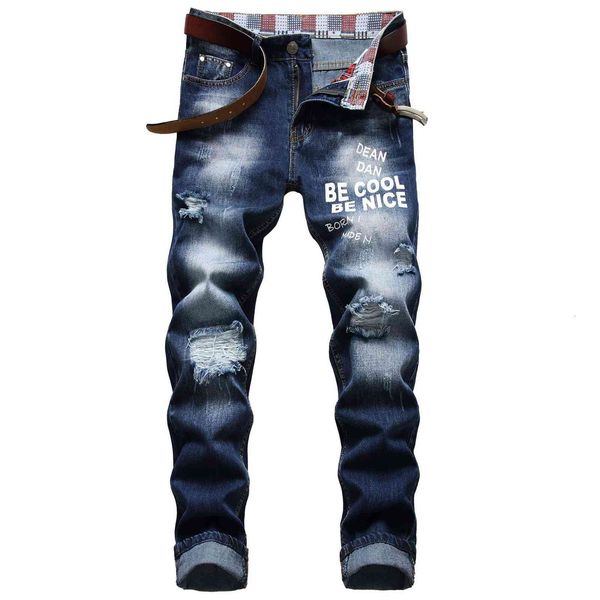 

men's jeans 2021 autumn spring ripped street hip hop punk stretch bike trendy holes straight denim trouers wlo6, Blue