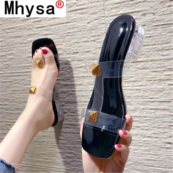 

sandals 2021 summer clear heels slippers fashion outdoor square heel comfortable light women's zapatos mujer plus size 34-43, Black