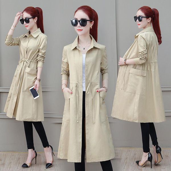 

2021 autumn fashion women trench coat thin single-breasted overcoat casual windbreakers female long coats outerwear plus size, Tan;black