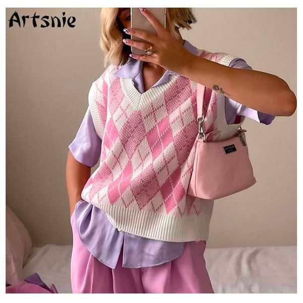 

artsnie streetwear pink argyle sweater vest women autumn v neck sleeveless pull femme vintage knitted ladies sweaters vest 211008, Black;white