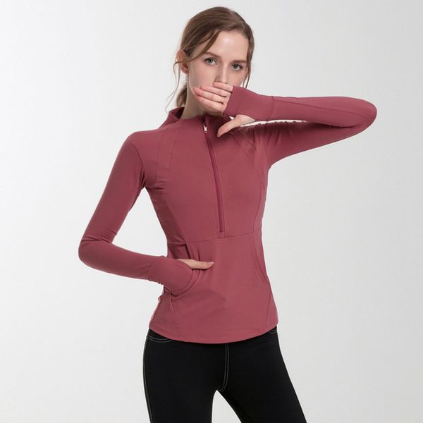 

new half zipper jacket quick-drying yoga women's t-shirt long-sleeve thumb hole training running jacket women slim fitness coat, White