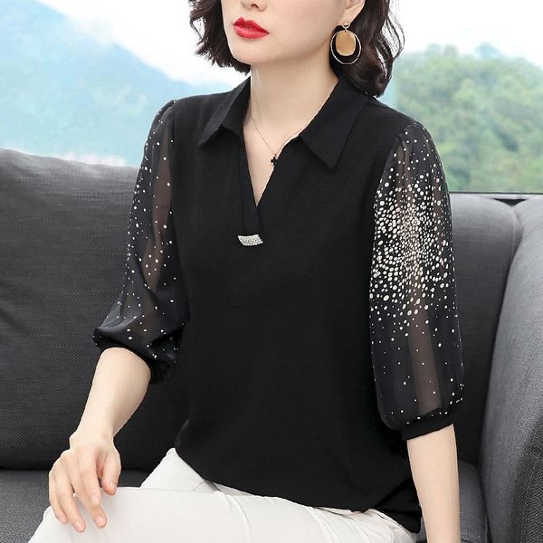 

women spring summer style chiffon blouses shirts lady casual turn-down collar patchwork chiffon blusas df3799 210315, White