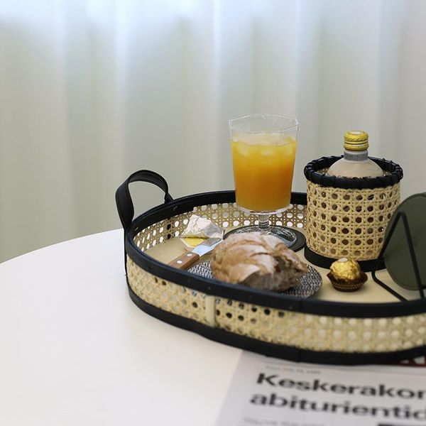 

storage baskets sweetgo rattan basket home table decoration coffee/tea/juice kitchen accessory 3 size pu leather handle