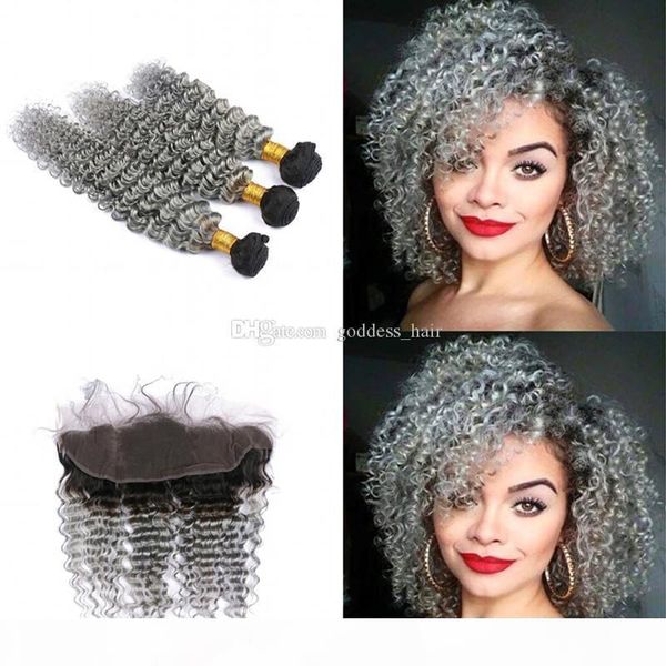 

dark roots deep wave 1b grey hair 3bundles with lace frontal ear to ear frontal with ombre 1b grey deep curly hair extension, Black;brown