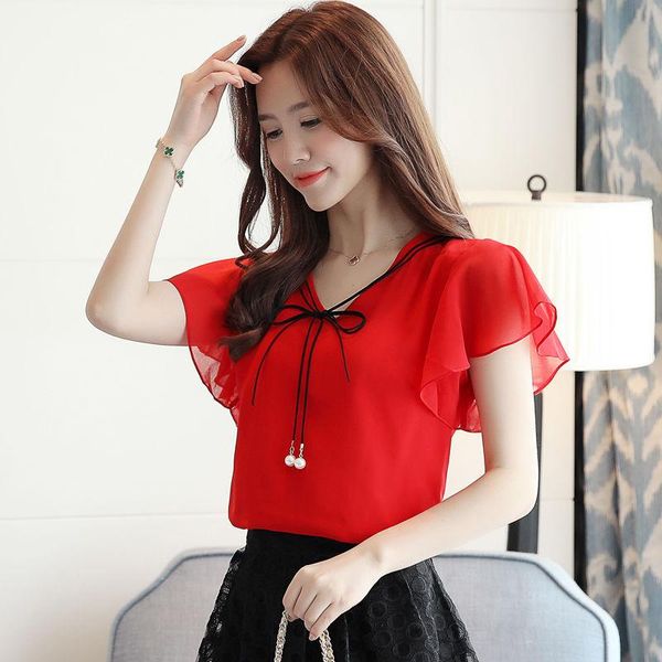 

women's polos women spring summer style chiffon blouses shirts lady casual short flare sleeve o-neck blusas df3128, White