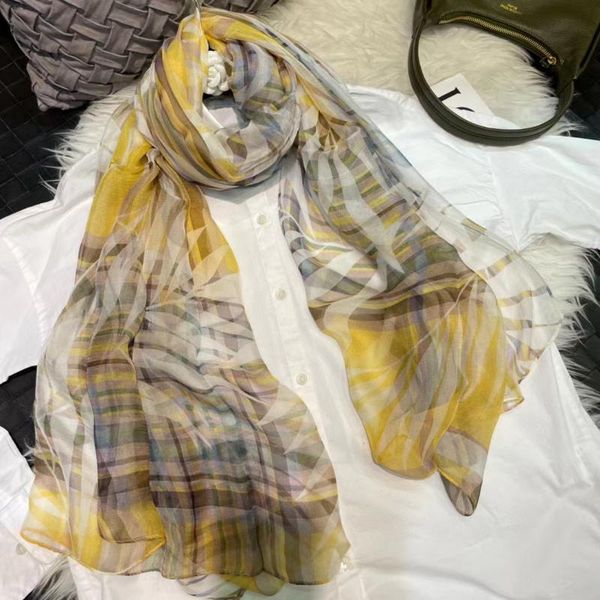 

scarves [bysifa] summer chiffon silk scarf shawl printed fall winter women long elegant brand yellow blue plaid cape, Blue;gray