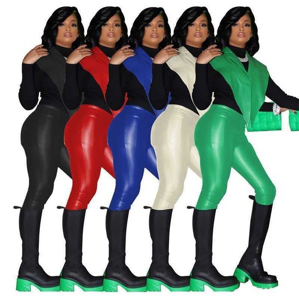 

women pu leather tracksuits solid color two pieces jogger sets fashion pants vest outdoor clothing spring 2022 new, Gray