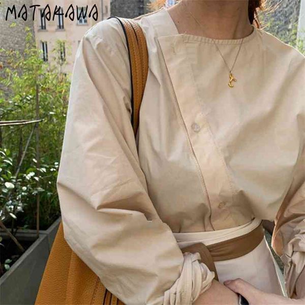 

matakawa beveled single-breasted blusas mujer de moda casual long-sleeved women blouses korean fashion clothing loose shirts 210708, White