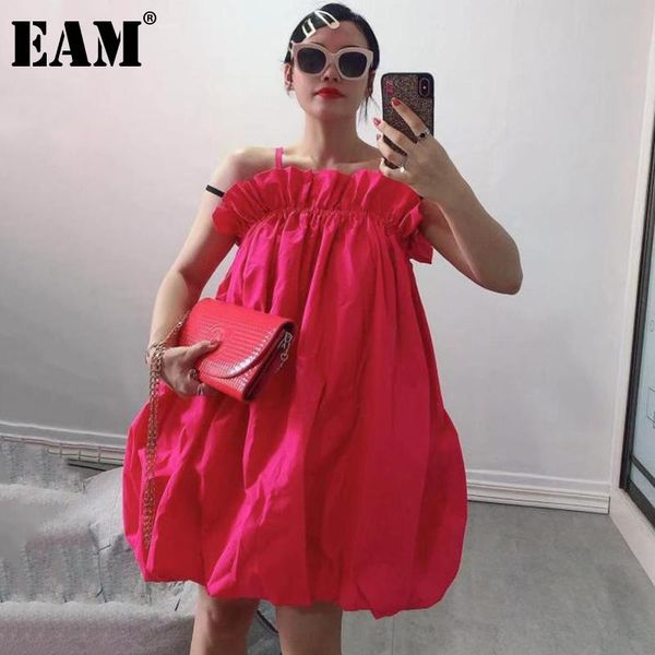 

casual dresses [eam] women rose red pleated elegant ball gown dress slash neck sleeveless loose fit fashion tide spring summer 2021 1de1025, Black;gray