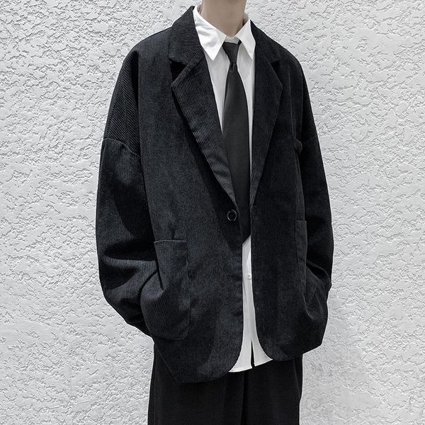 

men's suits & blazers men blazer 2021 turn down collar long sleeve pockets with chain streetwear vintage casual outerwear, White;black