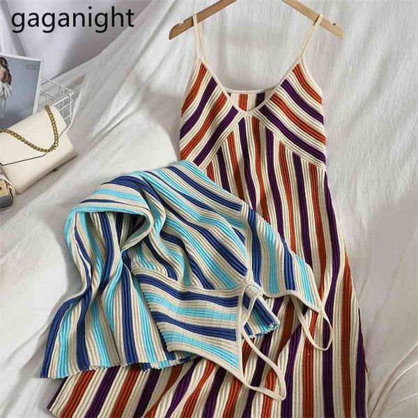 

striped knit bodycon dress women's summer v neck sleeveless spaghetti strap party beach midi es 210601, Black;gray