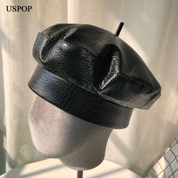 

2021 new crocodile pattern beret women berets female winter black hat fashion pu hats q6g0, Blue;gray