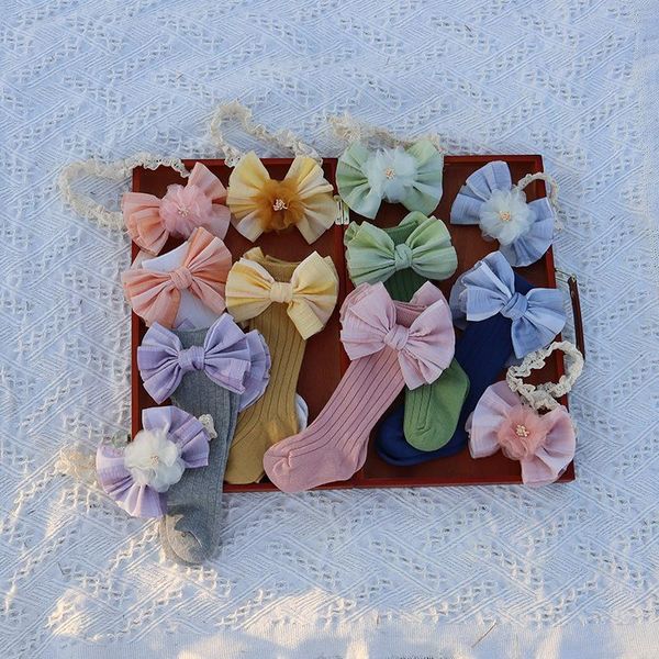 

baby girls breathable non-slip socks bowknot + headband set children infant soft born 0-24 mothes accessories, Pink;yellow