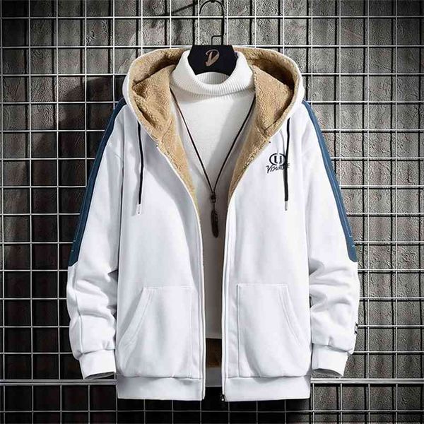

men autumn winter hoodie jacket fur lined thick zipper sweatshirt casual sports coat hooded korean fashion white 210813, Black