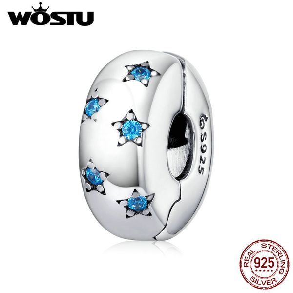 Wostu Silver Stopper Charms Genuine 925 Sterling Prata Dazzling Stackable Estrela Beads Fit Pulseira Original Zircão Cúbico EFC253 Q0531