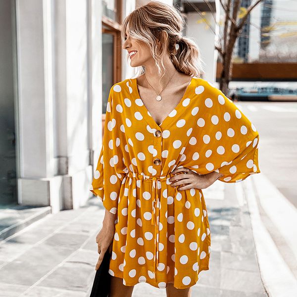 

2021 new retro polka dot mini summer v neck batwing sleeve high waist ladies vestidos casual office women dress odz2, Black;gray
