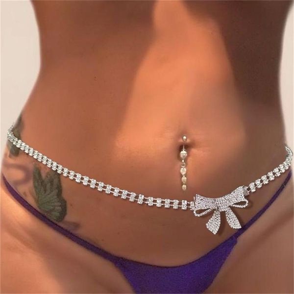 

beautiful women's bikini jewelry full rhinestone double layer waist crystal bow-knot chain body accessories, Silver
