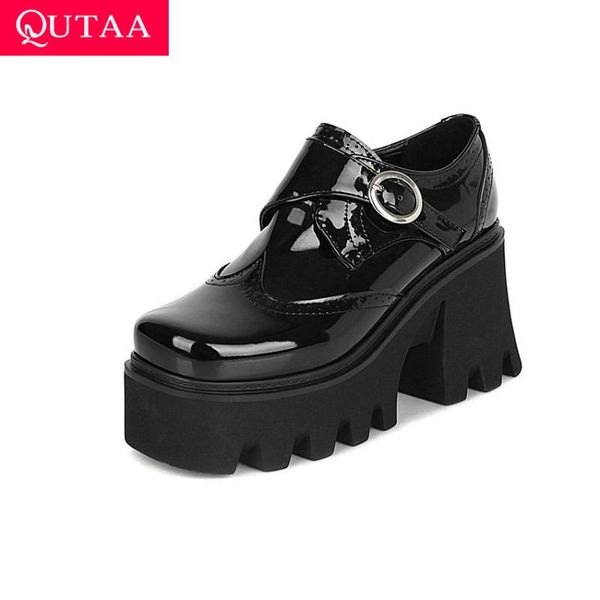 

dress shoes qutaa 2021 square high heels pu leather round toe female pumps buckle ankle strap platform women big size 34-43, Black