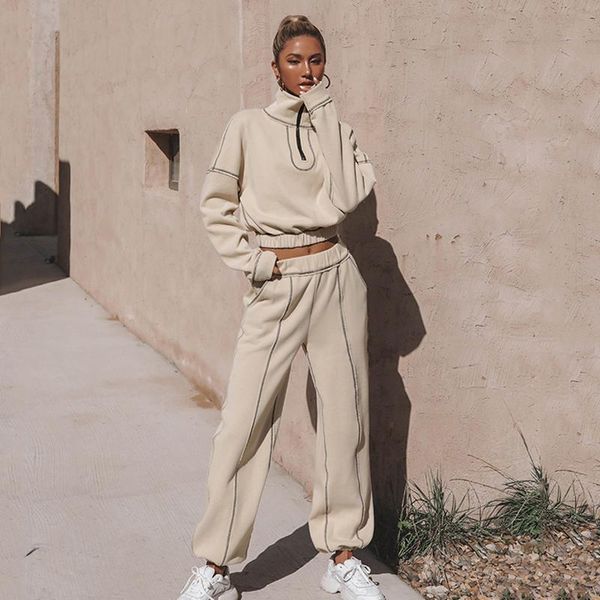 

women's two piece pants ladies fashion sportswear casual sweater set two-piece pure color and trousers 2021 fall/winter, White