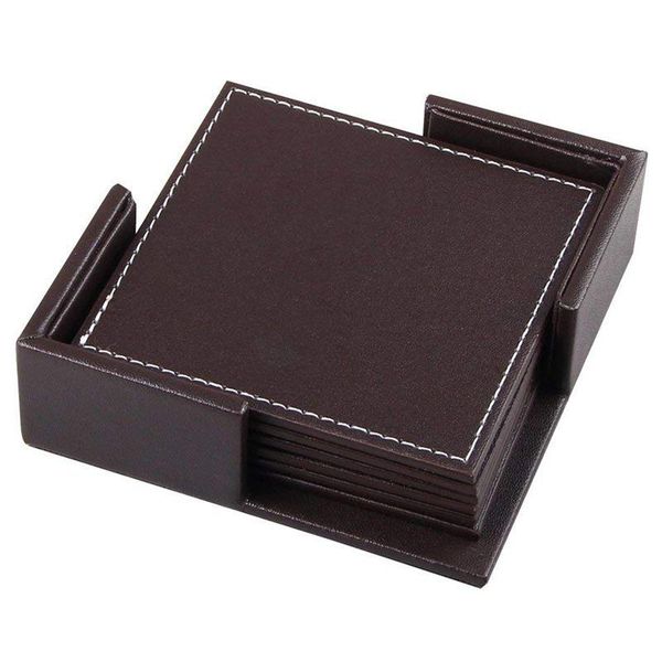 

table runner coasters for drinks,leather set with holder of 6,protect furniture from water marks scratch and damage (sqaure brow