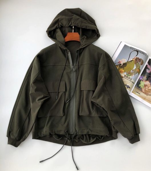 

2021 new autumn winter women coat lace-up zipper hooded loose simple short jacket with pockets ty5i, Black;brown