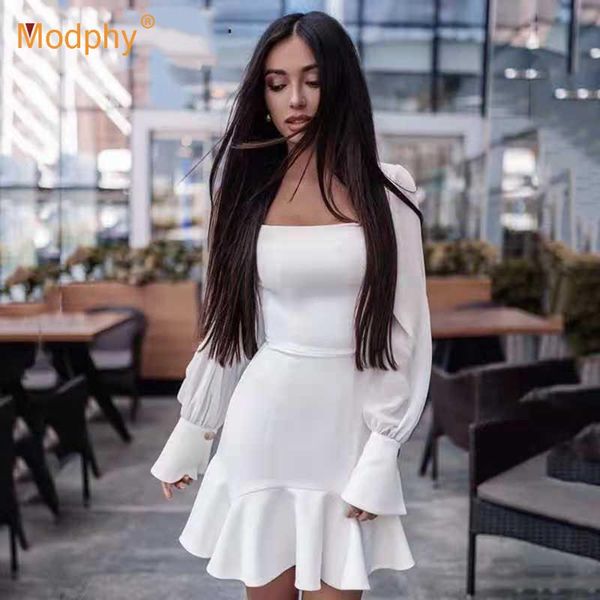 

casual dresses 2021 spring and autumn women's square collar lantern sleeve ruffle dress white black bodycon evening party vestidos, Black;gray