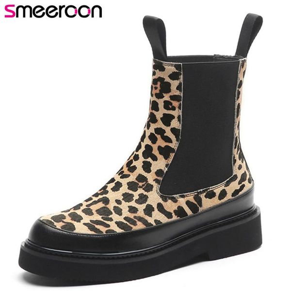 

boots smeeroon 2021 fashion leopard horse hair ankle women round toe casual flat shoes ladies short, Black