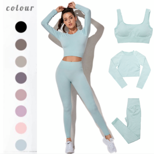 

women sport suit yoga set athletic wear gym workout clothes long sleeve fitness crop bra+ high waist seamless sport leggings, White;red