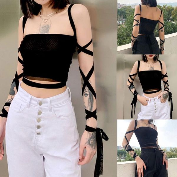 

women's tanks & camis women criss cross ribbon bandage crop tube transparent mesh off shoulder camisole harajuku skinny bustier ves, White