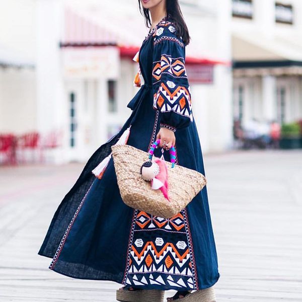 

2021 new folk vintage embroidery midi women tassle ukrainian v neck long sleeve autumn winter dress vestidos q0nf, Black;gray