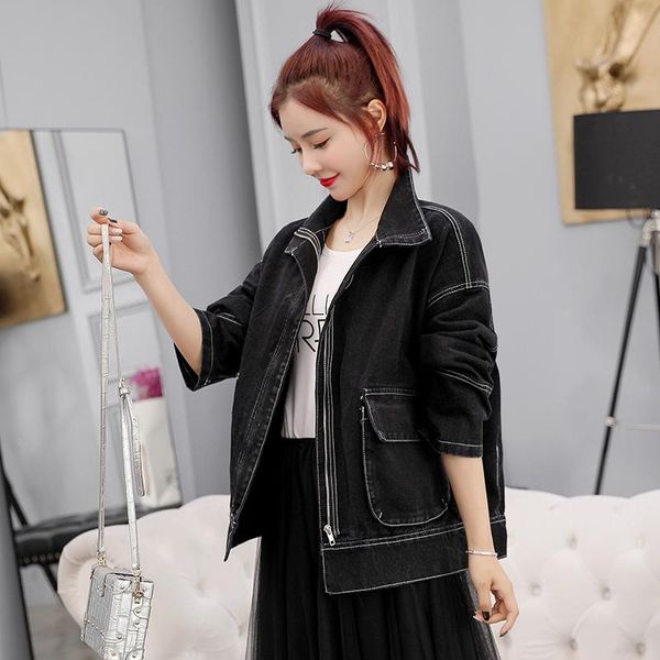 

women's jackets vintage women denim jacket spring 2021 short jeans coat female zipper long sleeve stand-collar overcoat femme casual, Black;brown