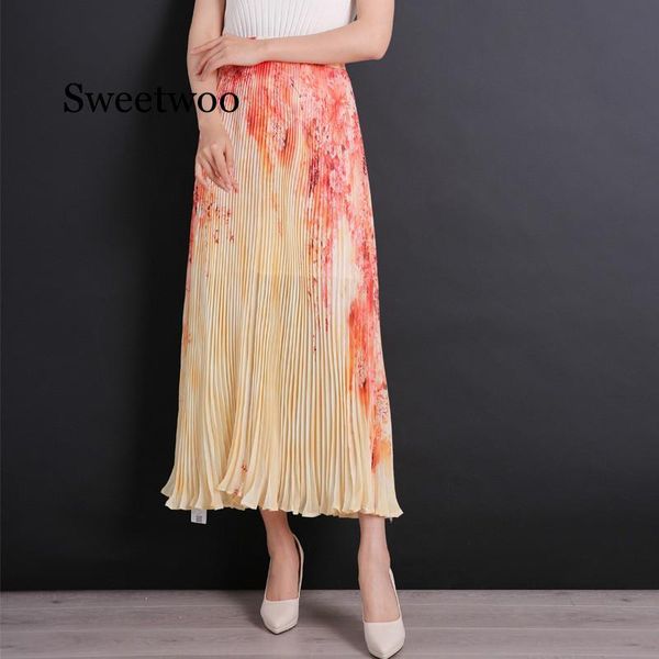 

skirts fashion summer women skirt print long pleated womens vintage elegant, Black