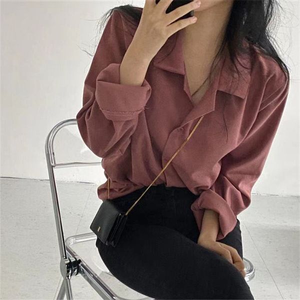 

2021 new spring autumn ol elegant minimalist basic lapel corduroy shirt women blouses loose long sleeve 5 colors vrg9, Black