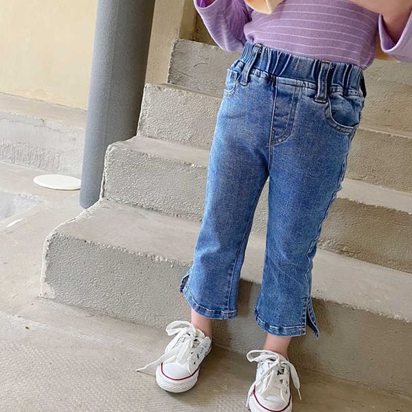 

autumn girls fashion elasticity jeans baby girls solid color all-match denim boot cut pants 1-6y 210615, Blue