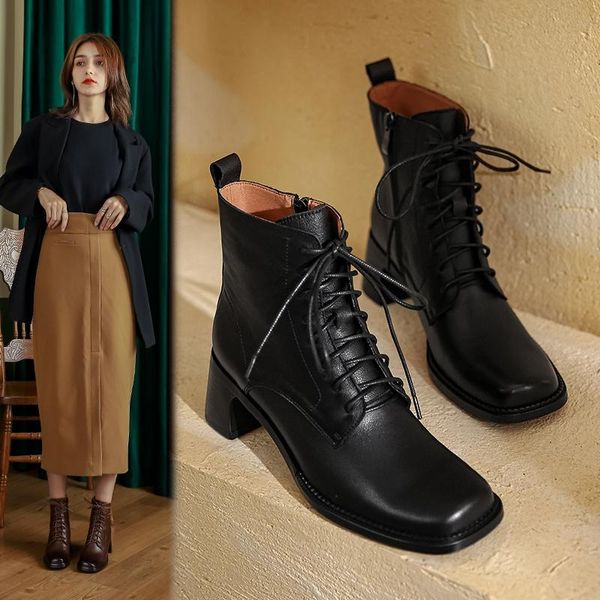 

boots 2021 retro motorcycle winter side zipper square toe shoes woman genuine leather platform chunky heels knee high, Black