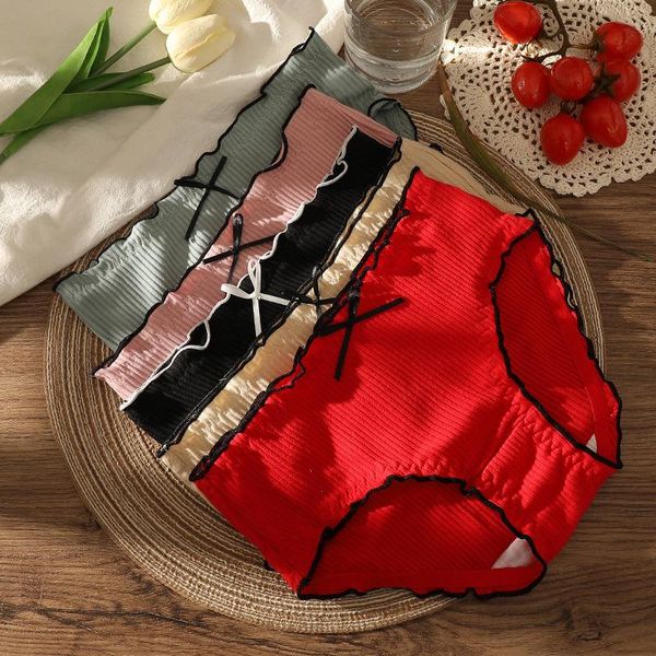 

women's panties japanese small fresh style women bow threaded mid waist briefs solid color plus size underpants female classic girl, Black;pink