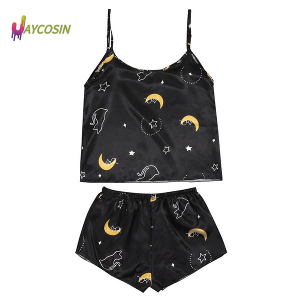 

women's sleepwear silk pajamas satin lingerie shorts set women underwear cat printing pyjama cute two piece, Black;red