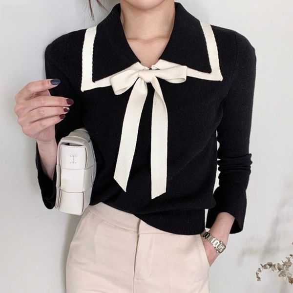 

women's sweaters autumn knitted lace up bow vintage sweater women patchwork turn down pullovers flare sleeve solid slim womens clothes, White;black