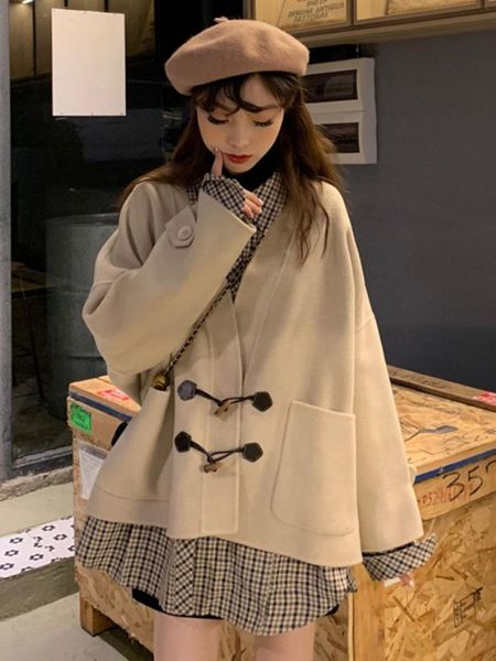 

women's jackets retro horn buckle woolen coat autumn and winter style korean small temperament loose 2021, Black;brown